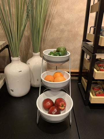 3-Tier Metal Wire Bowl Display Stand with 3 White Melamine Bowls by HUBERT – Metal, Silver, Model 211856