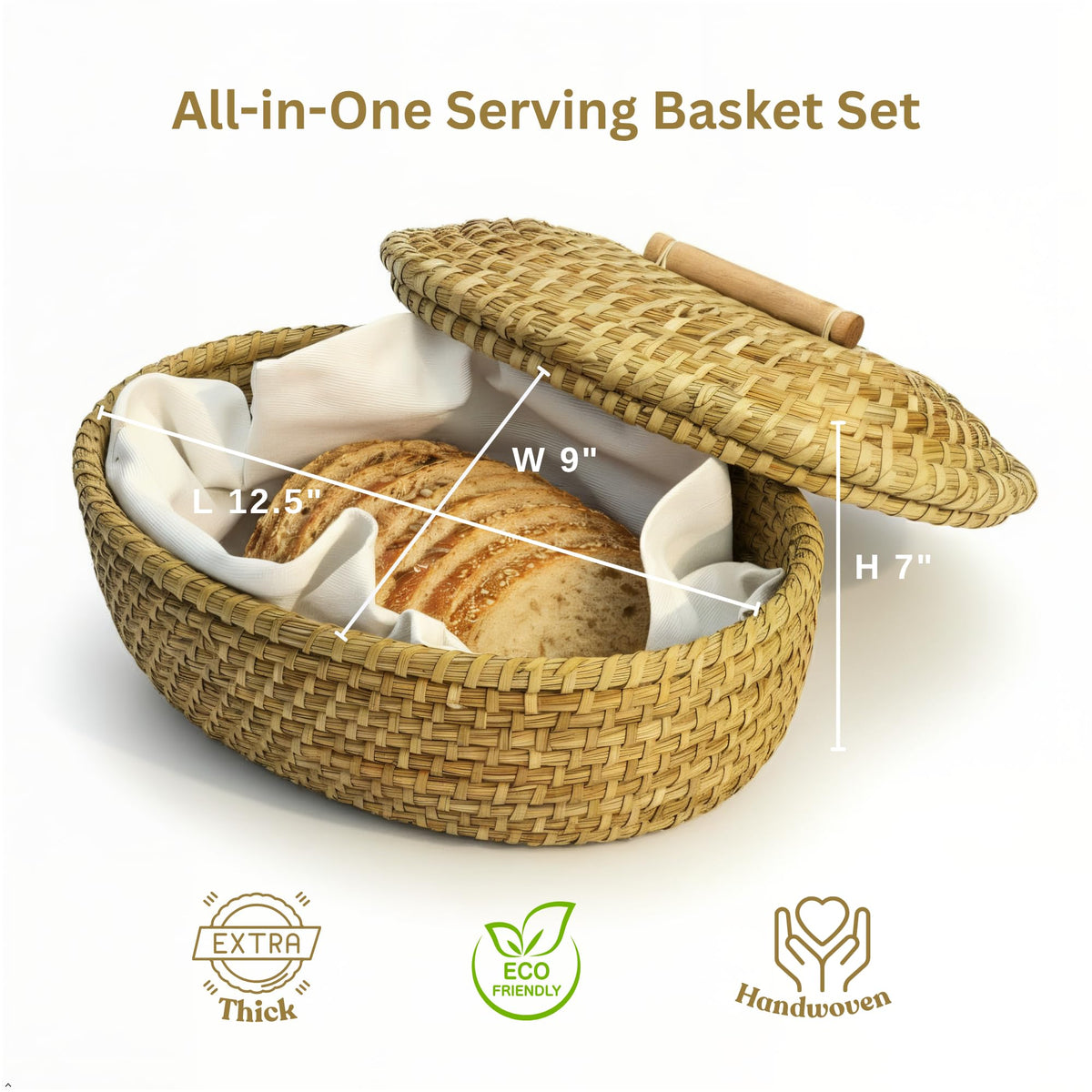 USEHP Bread Basket with Terracotta Warming Stone, 12.5 x 9 x 7 Inches, Beige
