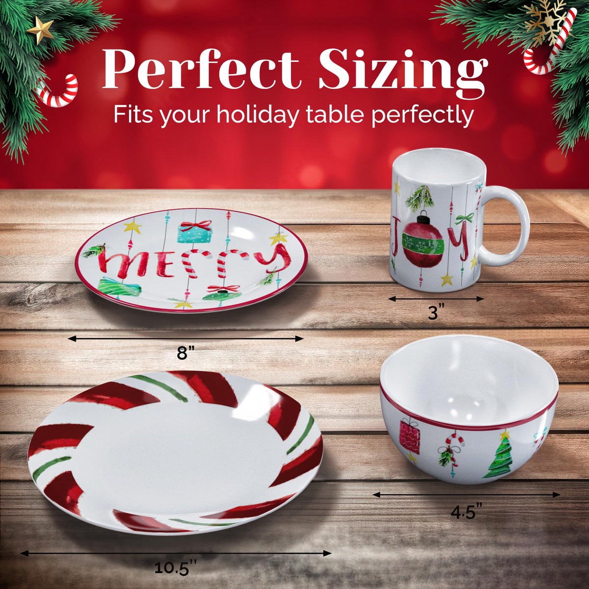 16-Piece Christmas-Themed Stoneware Dinnerware Set - Green/Red by American Atelier – 10.5x10.5", Porcelain, Green/Red, Pack of 16, Model 7216-16-RB