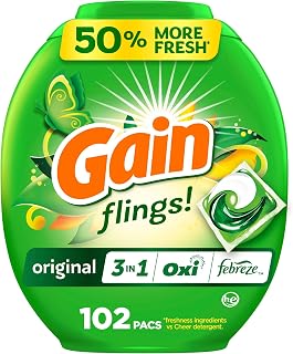 Gain Flings Laundry Detergent Pacs, 102 Count, Original Scent, with Odor Defense, concentrated laundry soap pacs