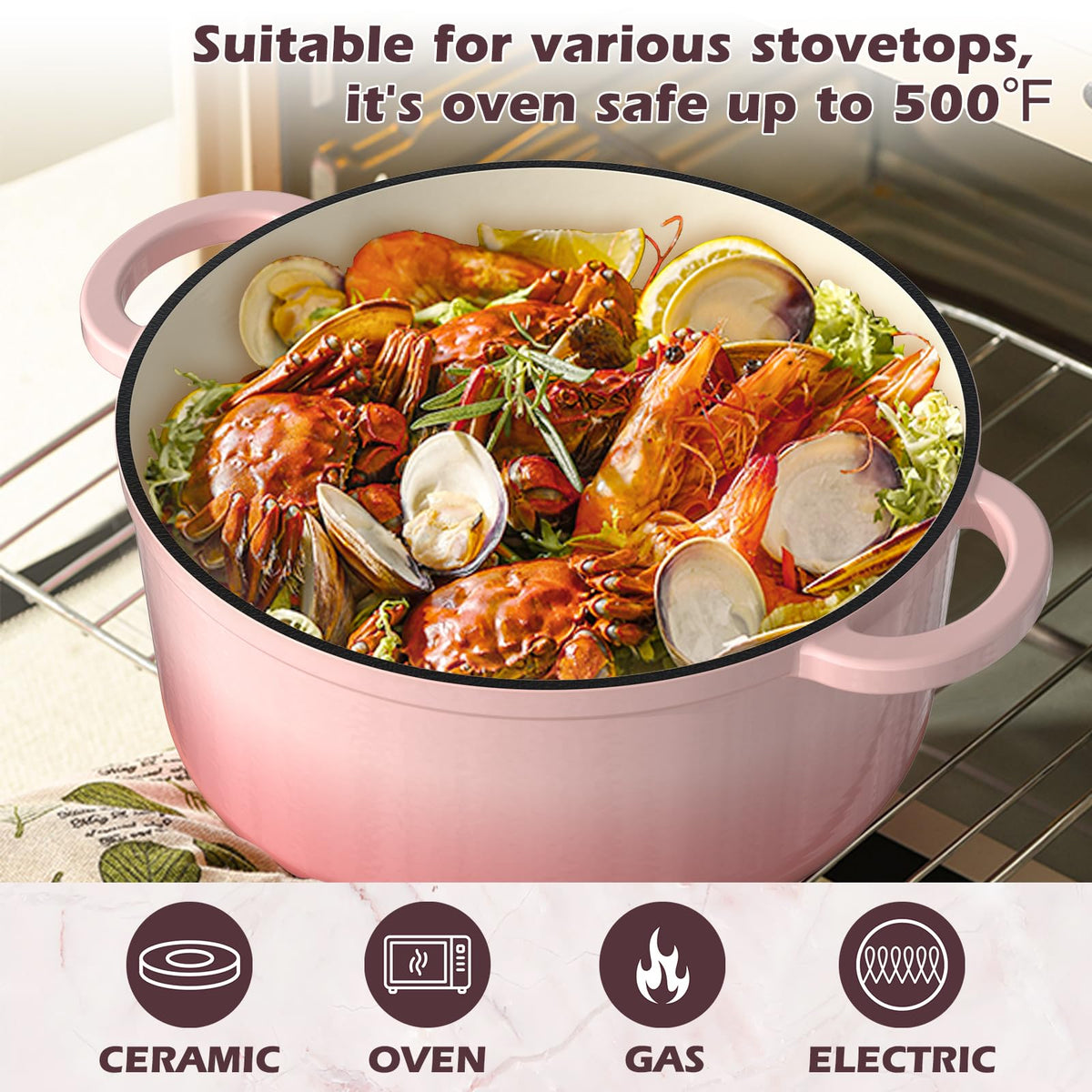 Umite Chef Enameled Cast Iron Dutch Oven, 5 Quart Capacity, Pink