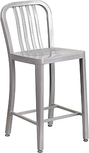 Flash Furniture 24" Commercial Grade Metal Counter Height Stool with Footrest, Modern Vertical Slat Back Stool for Restaurants and Kitchens, Silver
