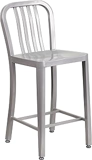 Flash Furniture 24" Commercial Grade Metal Counter Height Stool with Footrest, Modern Vertical Slat Back Stool for Restaurants and Kitchens, Silver
