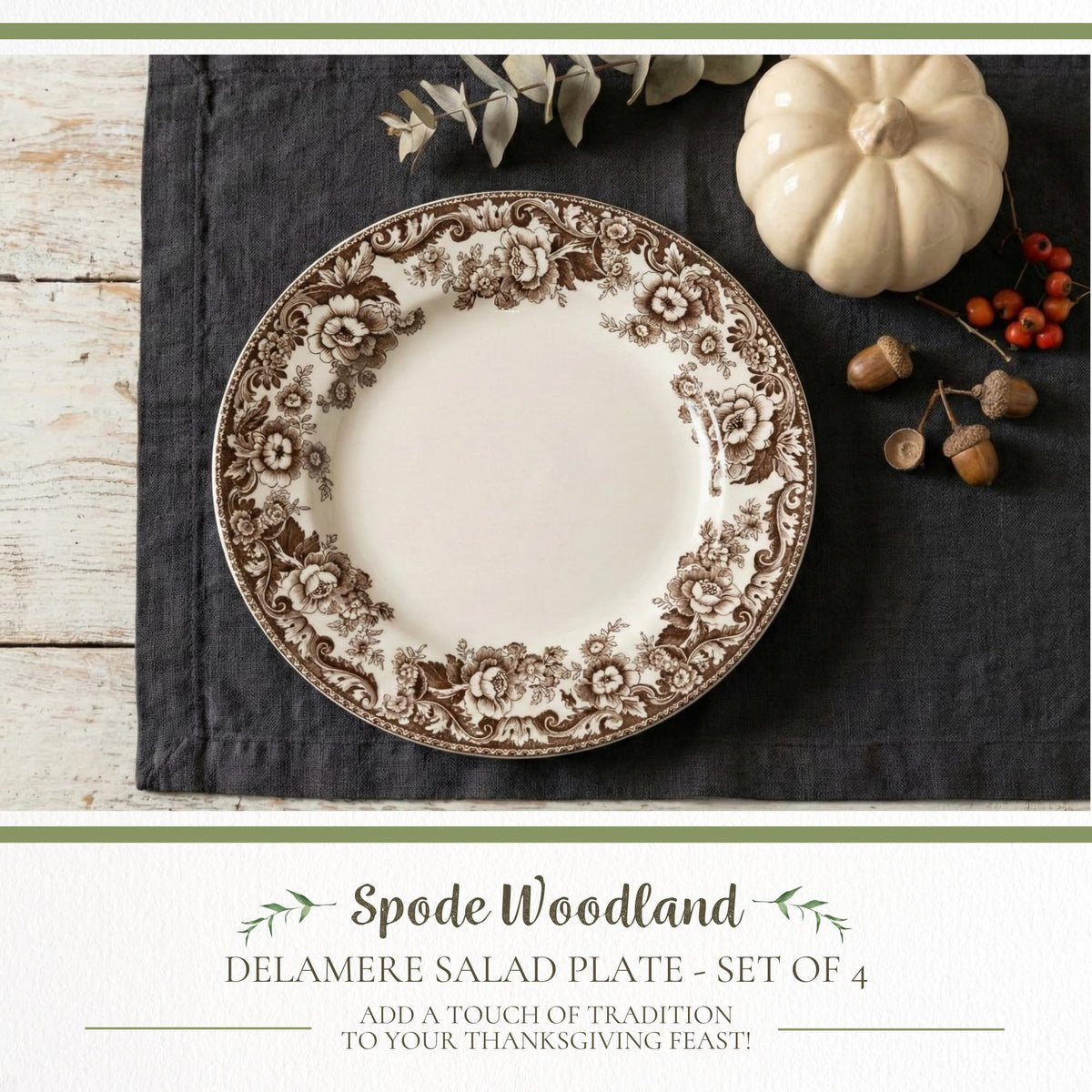 Spode Delamere Earthenware Salad Plates, 8 Inch Diameter, Set of 4, Brown and White