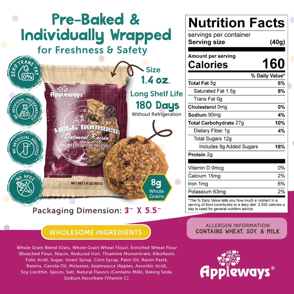 Oatmeal Raisin Cookies Soft Baked by Appleways – 1.4 Ounce (Pack of 160), Pack of 160