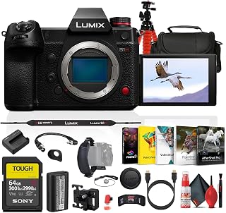 Panasonic LUMIX S1H Digital Mirrorless Camera Video & DC-S1HBODY Bundle | For Photography & Video | Full-Frame | Photography Software + 64GB Memory Card + Camera Bag + Tripod + HDMI Cable + More