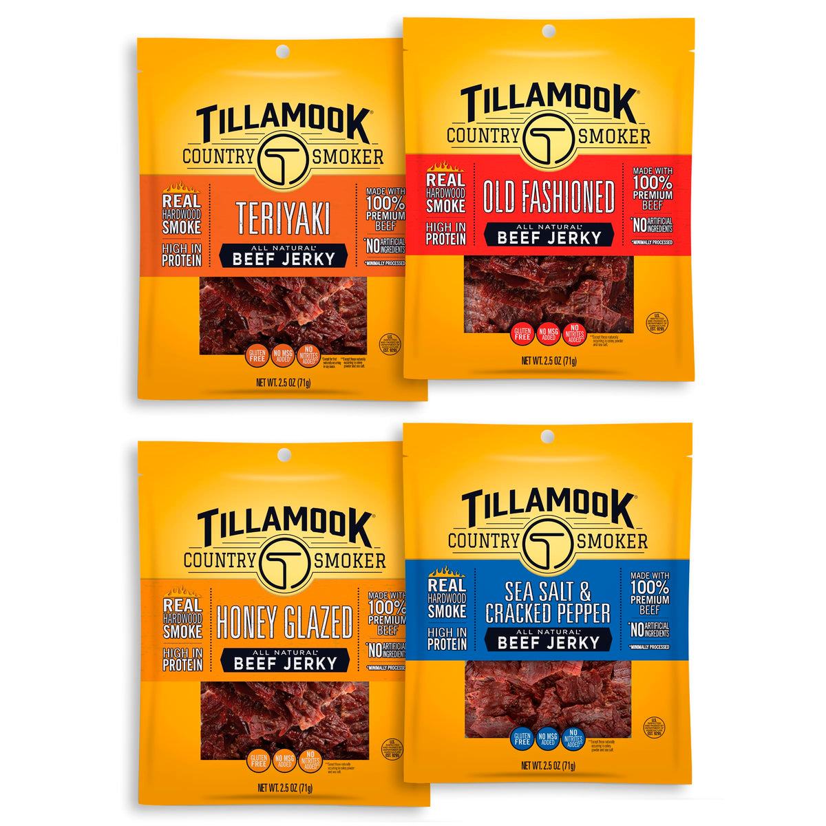 TILLAMOOK COUNTRY SMOKER Variety Pack / 2.5 Ounce (Pack of 4) / 4 Pack (Old Fashioned, Teriyaki, Sea Salt & Pepper, Honey Gla Jerky