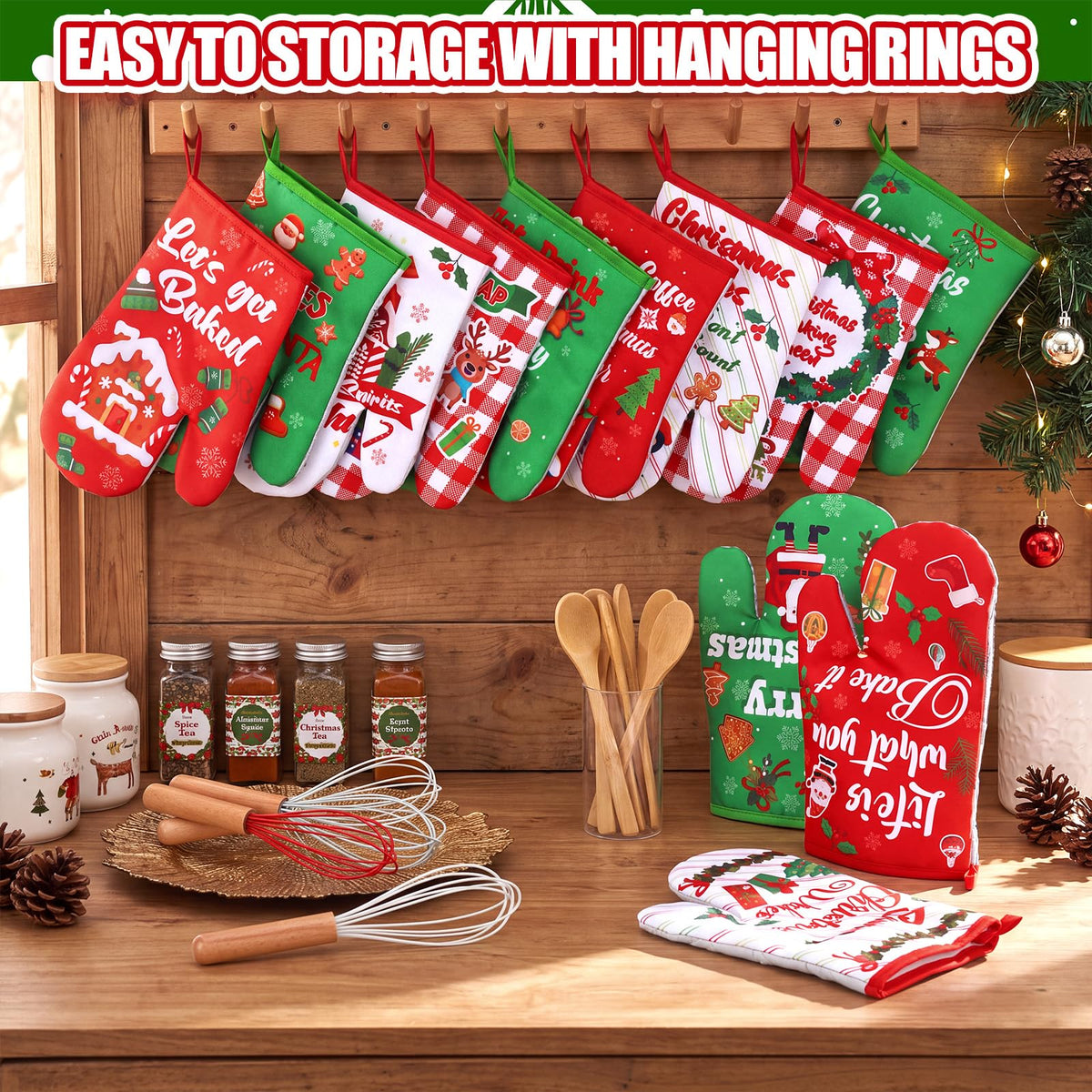 Willinglong Christmas Oven Mitt Bundle, 12 Sets with Spoons and Whisks, Classic Prints