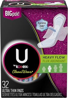 U by Kotex CleanWear Ultra Thin Feminine Pads with Wings, Heavy Flow, Unscented, 32 Count (Pack of 3)