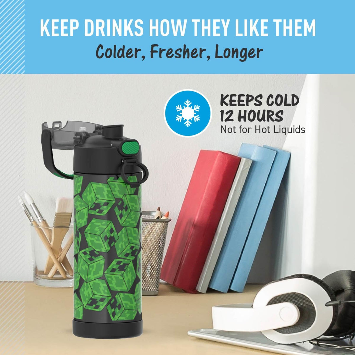 FUNTAINER Water Bottle with Spout by THERMOS – 16 Ounces, 16.0 fluid_ounces, Stainless Steel, Minecraft, Model F41101MIB6