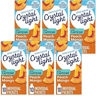 Crystal Light On The Go Peach Mango With Caffeine Drink Mix, 10-Packet Box, 0.7 OZ (Pack of 6)