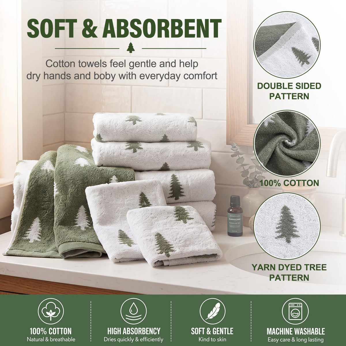 Peryiter Christmas Towel Set, Pine Tree Pattern, Green, 6 Pieces