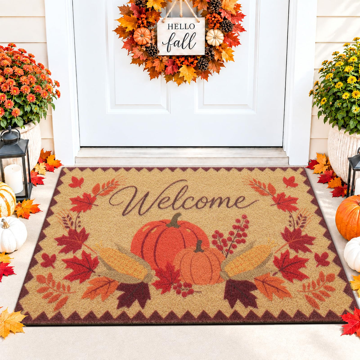 OLANLY Doormat, Low Profile Polyester Front Door Mat, Welcome Fall Pumpkin 30x17