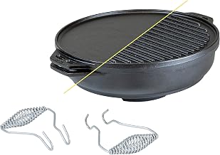 Lodge Cast Iron Cook-It-All Kit. Five-Piece Cast Iron Set includes a Reversible Grill/Griddle 14 Inch, 6.8 Quart Bottom/Wok, Two Heavy Duty Handles, and a Tips & Tricks Booklet.