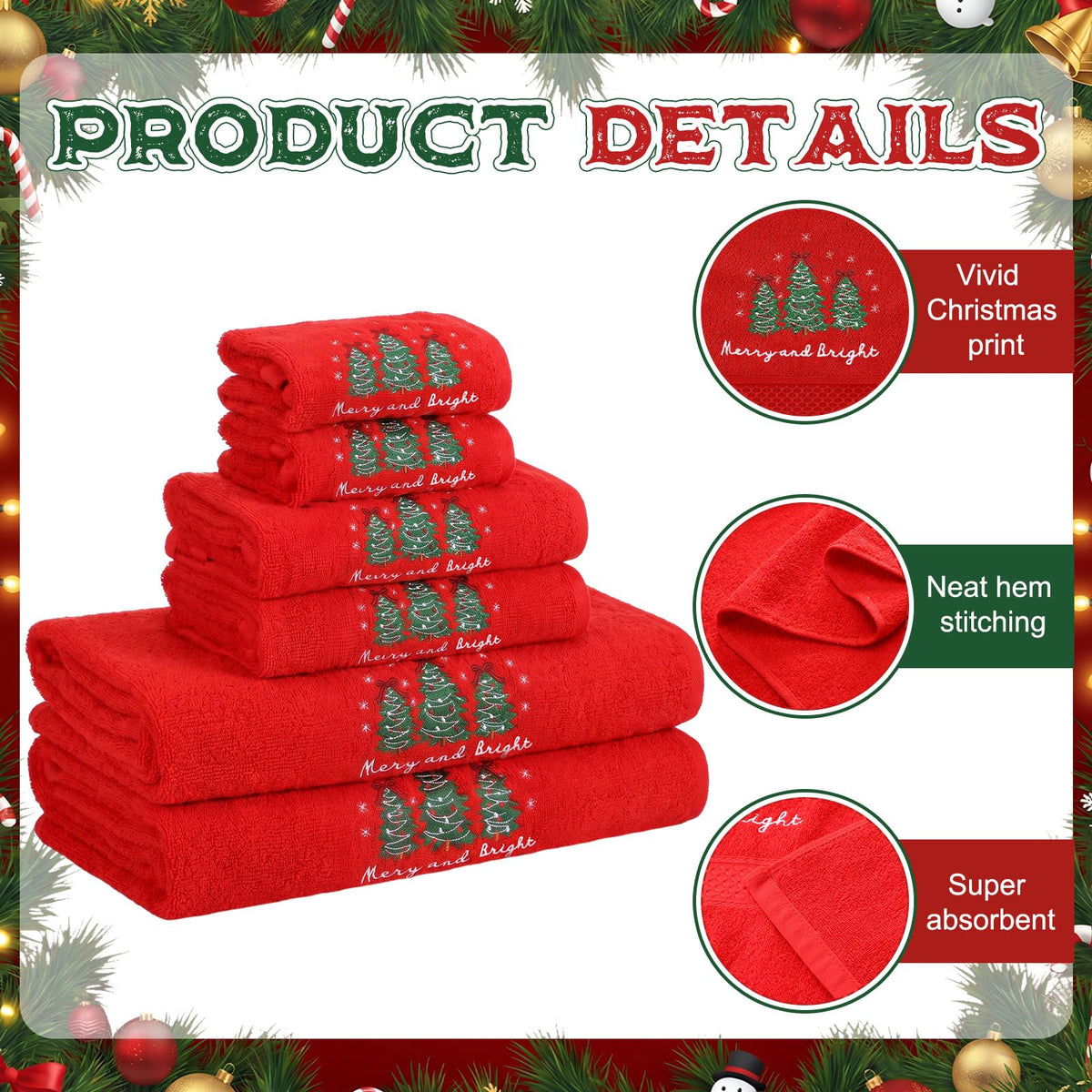 Lumina Garden Christmas Towel Set, Embroidered Cotton, 6 Piece Red