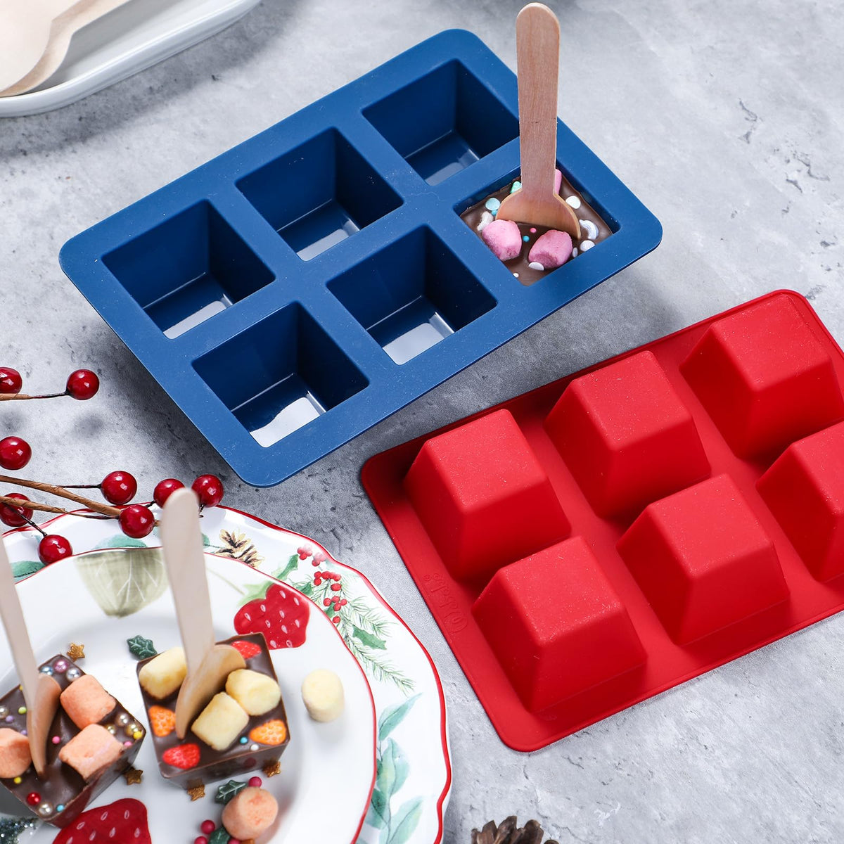Webake Hot Cocoa Spoon Mold Set, Silicone Square, Red and Blue, 2-Pack