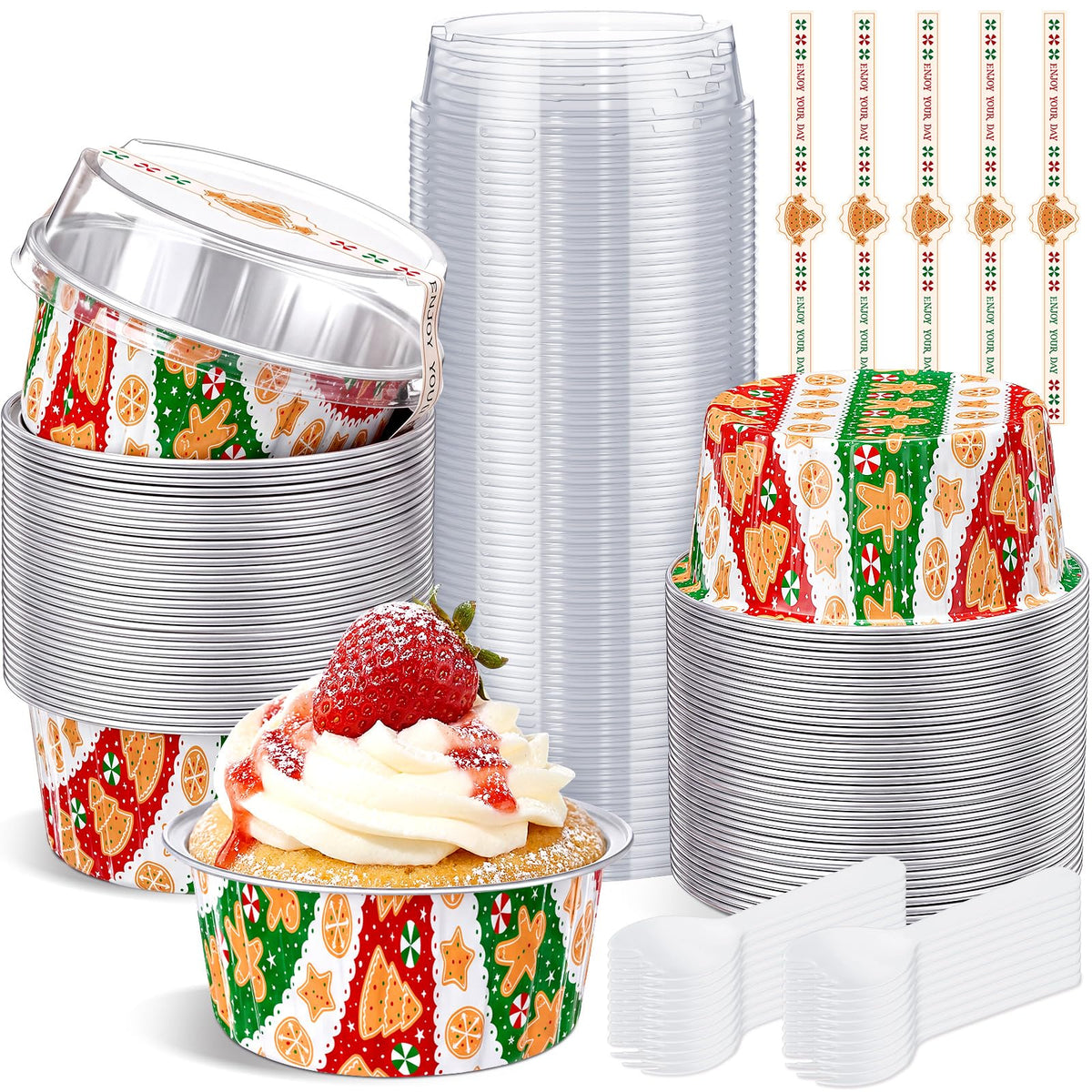 Willinglong Mini Cake Pans with Lids, 5 oz, 30 Count, Red and Green