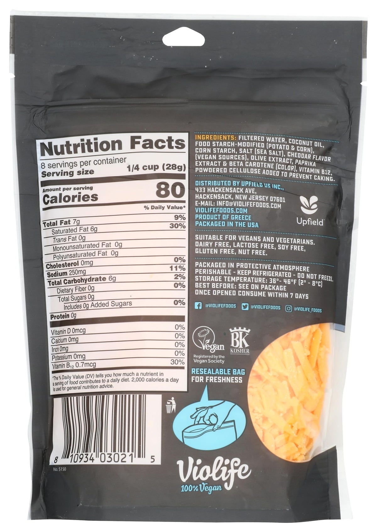 Just Like Cheddar Shreds by Violife – 8 Ounce (Pack of 1), Model 0810934030215
