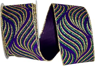 Reliant Ribbon Mardi Gras Swirl Steve Wired Edge Ribbon, 2-1/2 Inch X 10 Yards, Purple