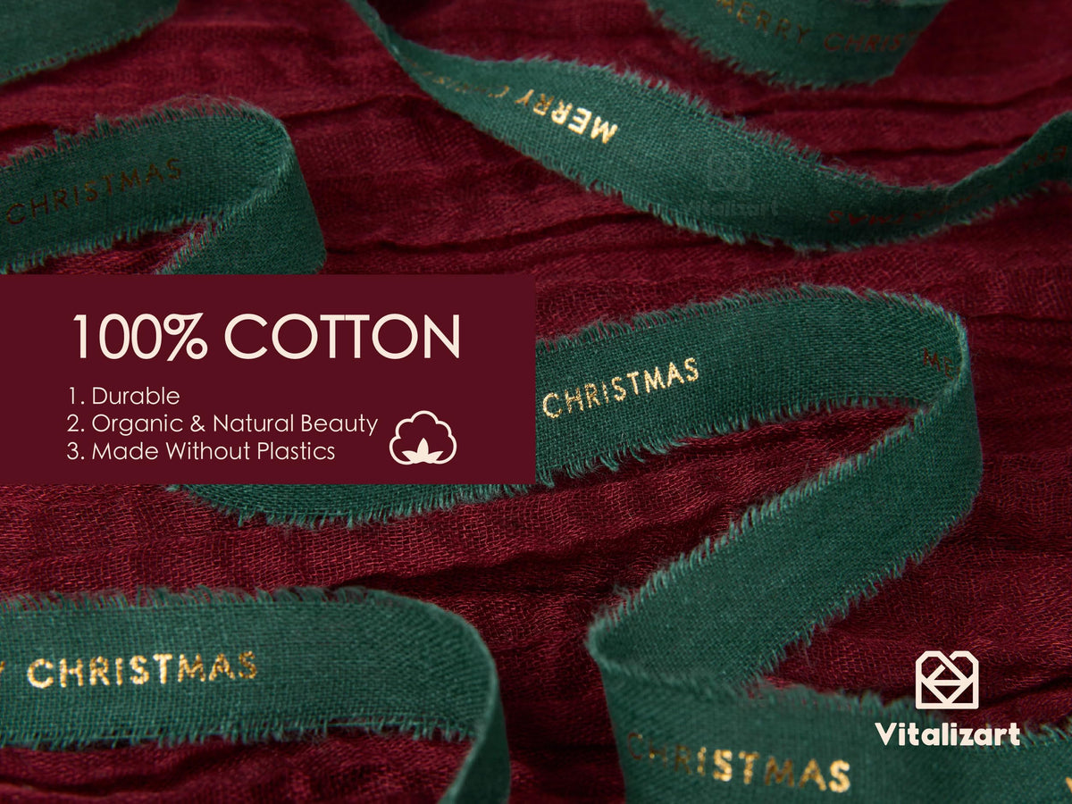Vitalizart Christmas Ribbon, 5/8 Inch Cotton Frayed Fringe, Merry Christmas Mixed Color