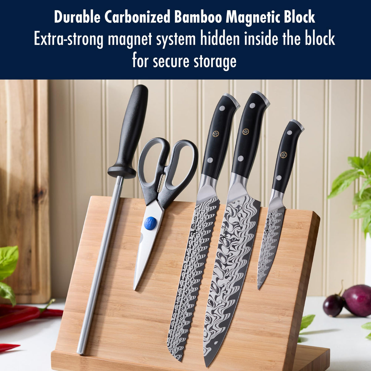 Compass Damascus 6-pc Magnetic Easel Damascus Knife Set by HENCKELS – 8", Steel, Natural, Model 1030972
