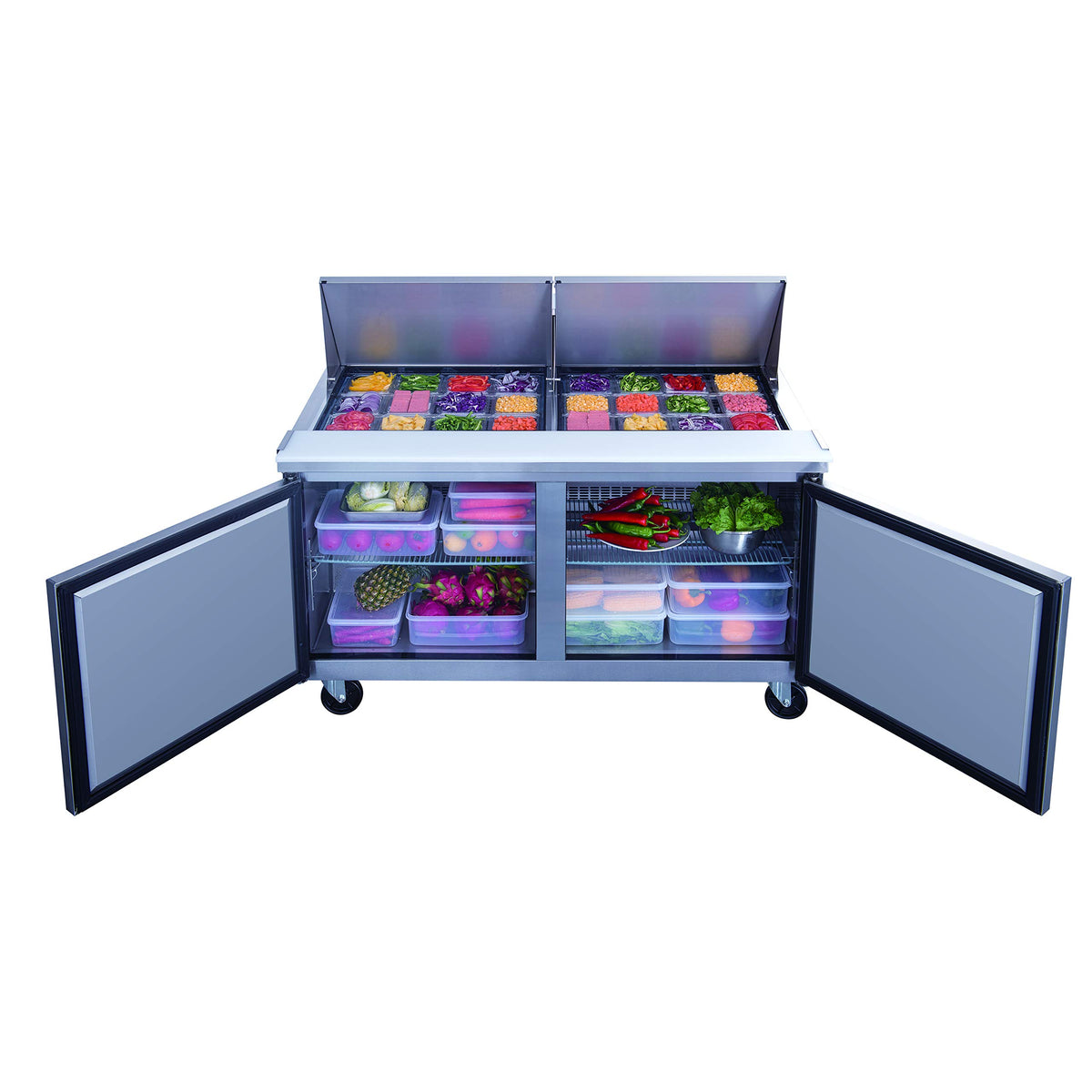 DSP60-24M-S2 14.3 cu. ft. 2-Door Commercial Food Prep Table Refrigerator with Mega Top by Dukers – 14.3 cubic_feet, Model 24 1/6 pan containers, 2 wire shelves, power cord