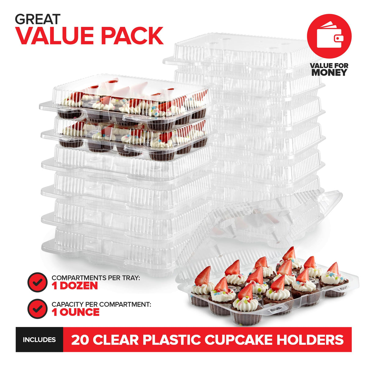 Mini Disposable Plastic Cupcake Containers (20 Pack) 12 - Count Tray Compartment by Stock Your Home – 12 Compartment - 20 Count, 1.0 ounces, OPS Plastic, Clear, Pack of 20