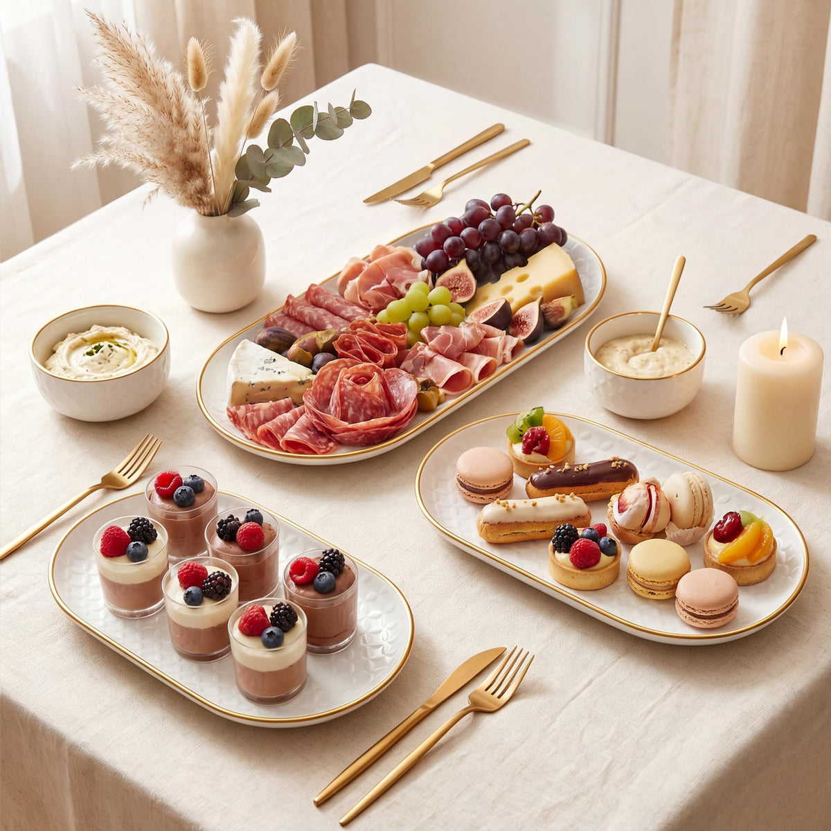 Kassel Ceramic Oval Serving Platter Set, 16 14 12 Inch, White with Gold Rim