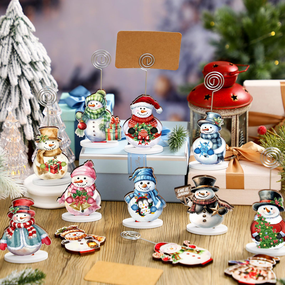 Yookeer Snowman Wood Place Card Holders, 24 Sets with Kraft Cards, Multicolor