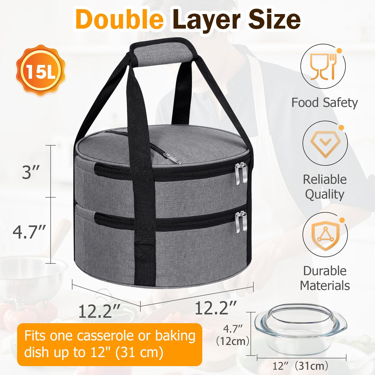 MIAOJIE Insulated Casserole Carrier, Double Layer Round, Gray