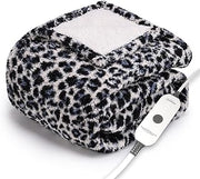 Sunbeam Printed Royal Sherpa Foot Pocket Heated Throw Electric Blanket, 50" x 60", 4 Heat Settings, 4-Hour Auto Shut-Off, Warming Cozy Throw for Couch or Bed, Machine Washable, Blue Leopard