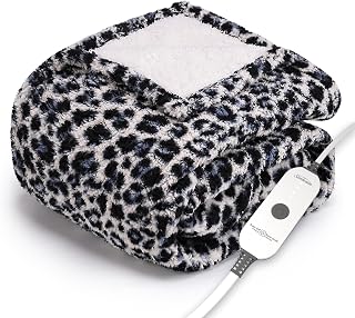 Sunbeam Printed Royal Sherpa Foot Pocket Heated Throw Electric Blanket, 50" x 60", 4 Heat Settings, 4-Hour Auto Shut-Off, Warming Cozy Throw for Couch or Bed, Machine Washable, Blue Leopard