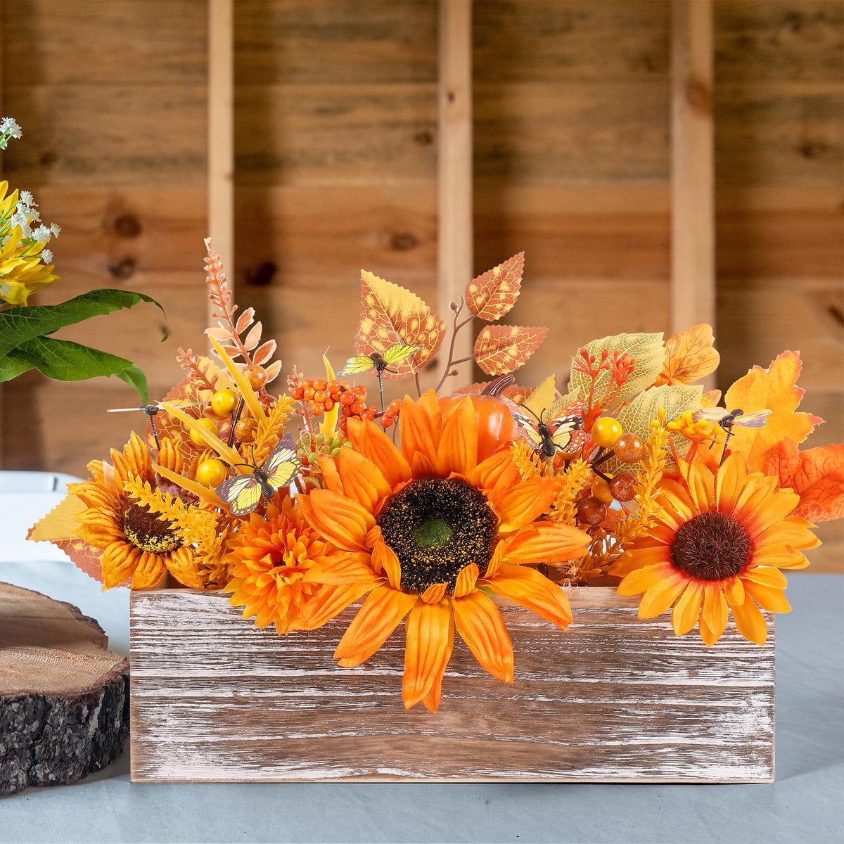 Dlerom Artificial Fall Arrangement, Wooden Crate Centerpiece, Orange