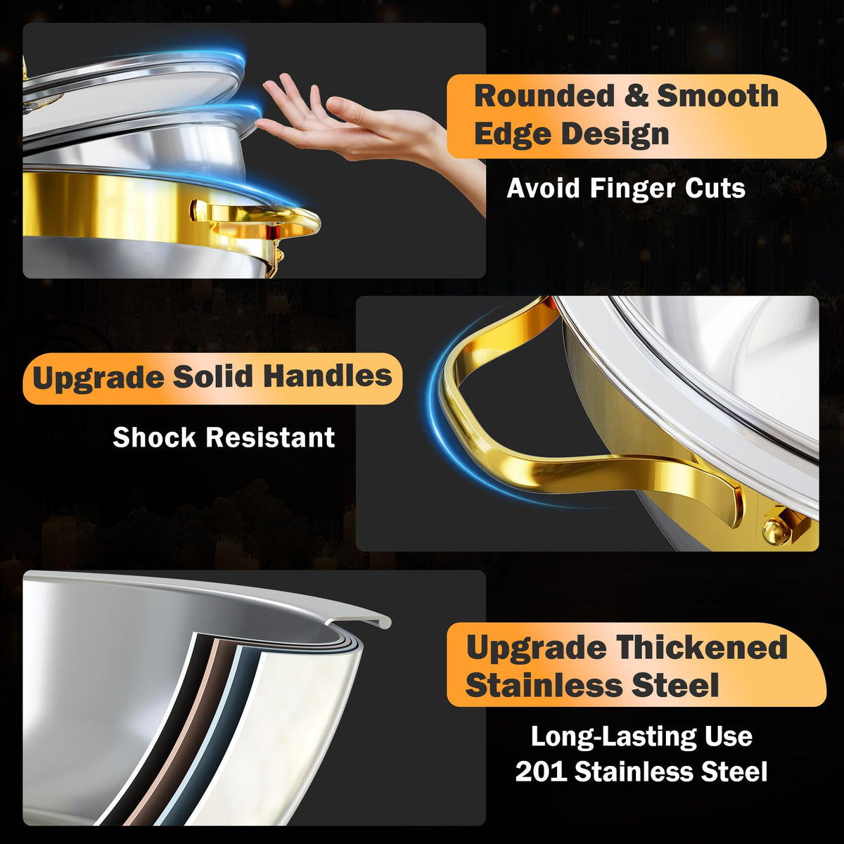 IMXSUMDA Round Chafing Dish Set, 6 Quart Capacity, 4 Pack with Glass Lids, Gold