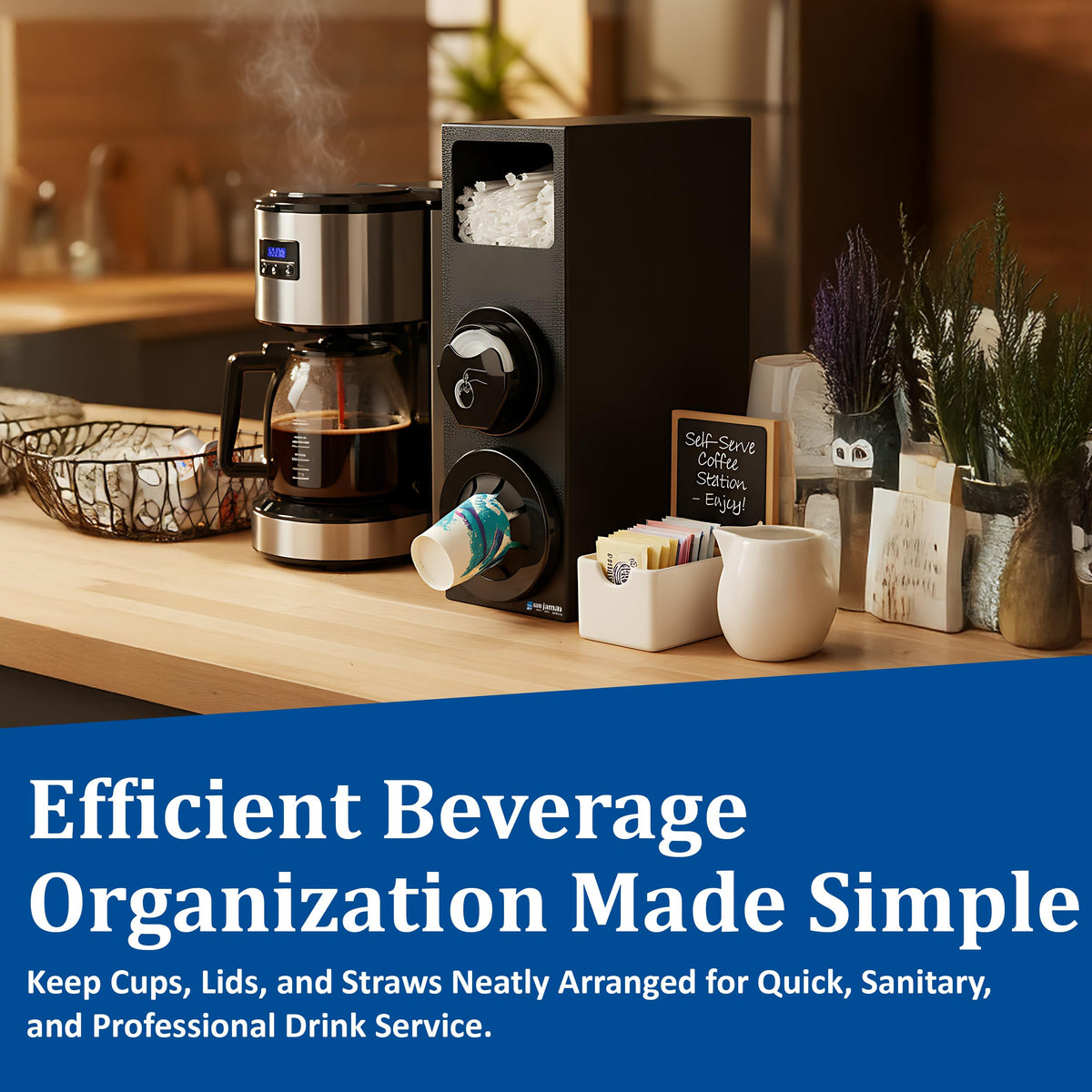 Beverage Cup Lid and Straw Dispenser Cabinet with Adjustable One-at-a-Time System by San Jamar – One Size, 6668.75 ounces, Polystyrene, Straw, Model L22CS2951BK