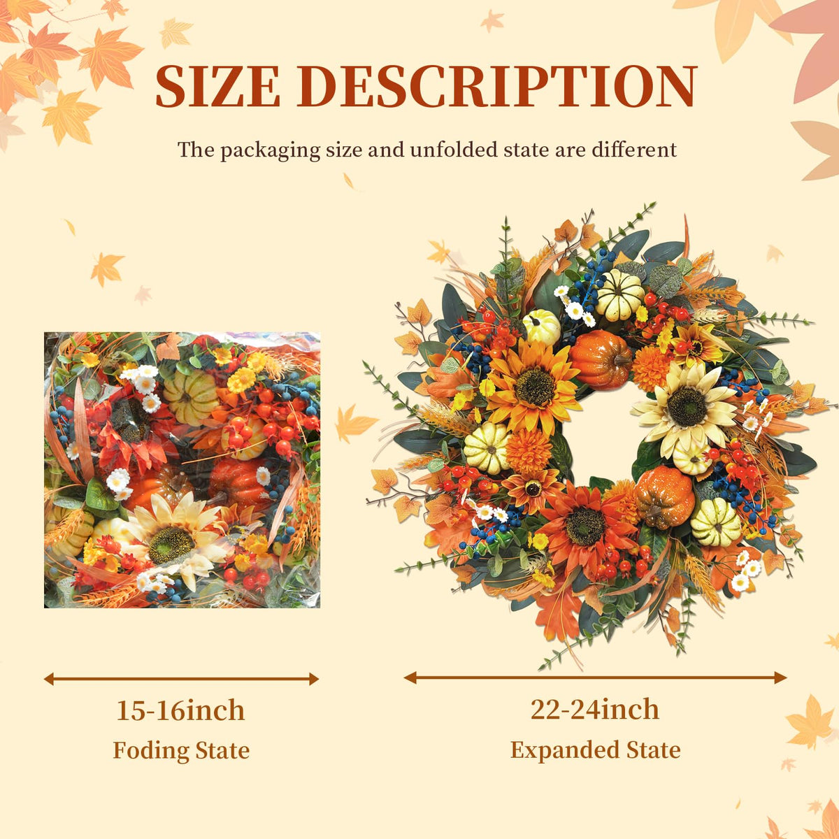 Plmiera Autumn Wreath, 24 Inch Diameter, Sunflowers and Pumpkins