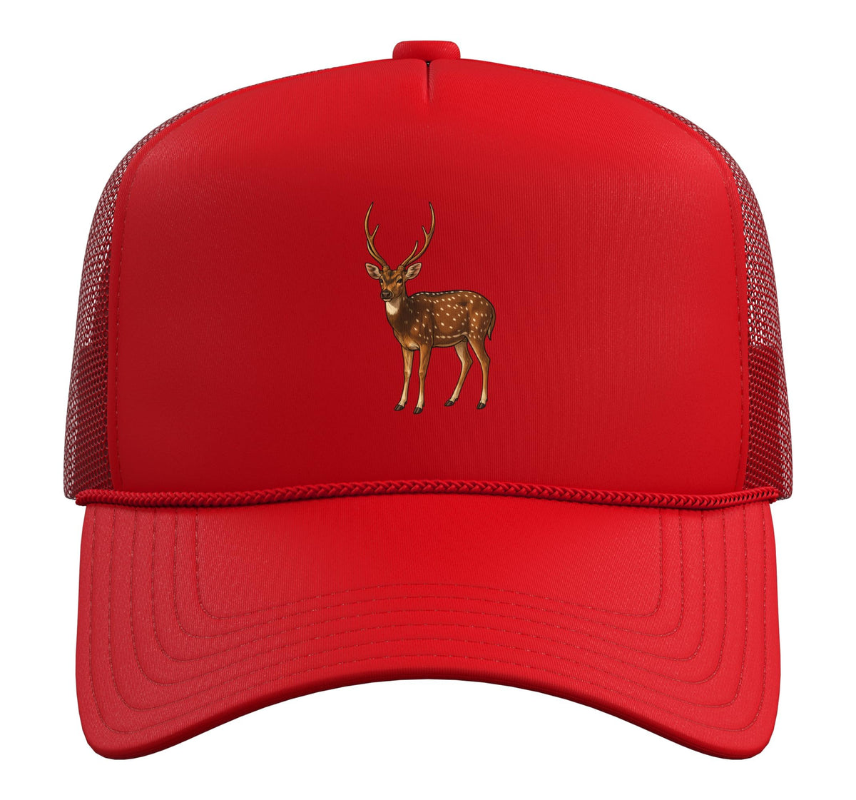 Chital Axis Deer Trucker Hat with Adjustable Mesh Back by Chital Axis Deer Lovers Shop – Polyester, Red