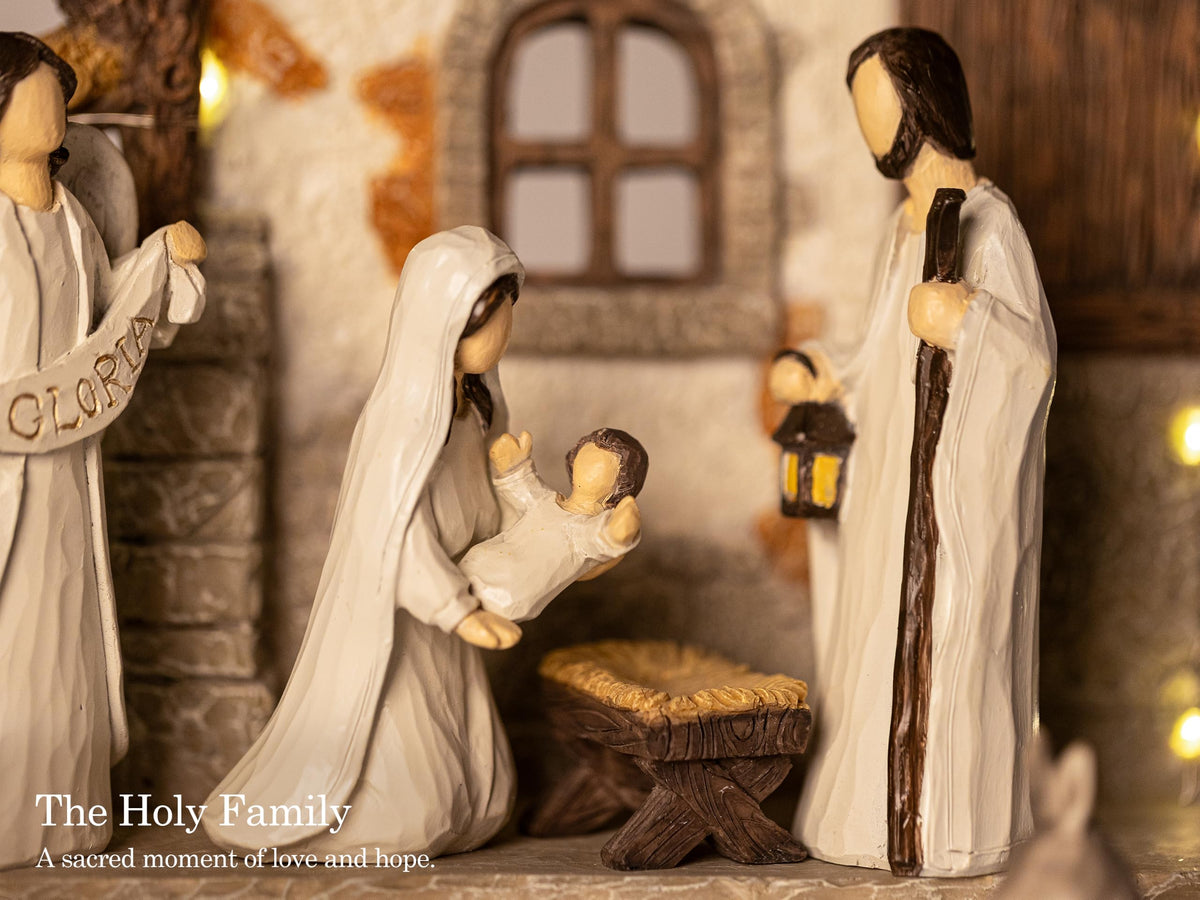 Gleemoria Nativity Scene Set, 17 Pieces with LED Stable, White