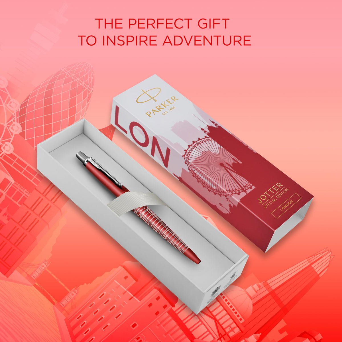 Jotter Ballpoint Pen | Special Edition | London Red with Chrome Trim | Medium Point | Blue Ink | Gift Box by Parker – 1 Count (Pack of 1), Metal, Blue, Model 2221603