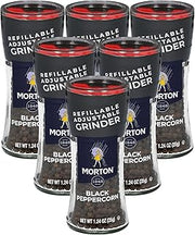 Morton Black Peppercorn, Grinder, (1.24 oz), 6-Pack - Adjustable & Refillable, Perfect for Cooking & Seasoning