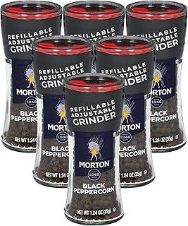 Morton Black Peppercorn, Grinder, (1.24 oz), 6-Pack - Adjustable & Refillable, Perfect for Cooking & Seasoning