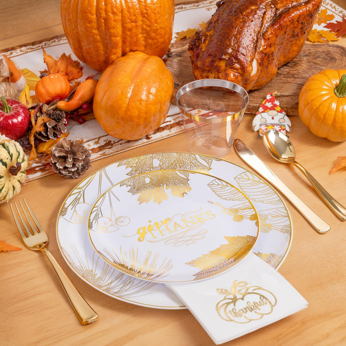Nervure Thanksgiving Dinnerware Set, 175 Pieces for 25 Guests, White Gold
