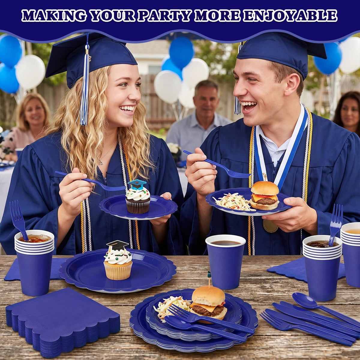 Vyntra Paper Plates and Napkins Set, 175 Pieces, Navy Blue