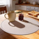 Round Placemats Set of 8 - Machine Washable Linen-Like Cloth Place Mats & Heat-Resistant for Dining Table - Ideal for Family Meals, Daily Use, and Holiday Gatherings (Beige)
