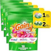 Gain Super Flings Laundry Detergent Pacs, 18 Count, Hibiscus Hula scent, irresistibly clean and fresh washing detergent laundry soap pacs (Pack of 4)