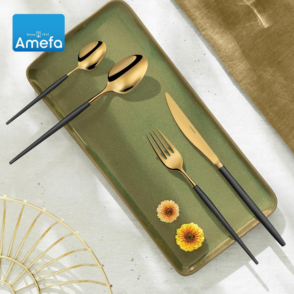 Soprano Flatware Set - Black & Gold by Amefa – 3.35" H x 9.84" L x 4.5" W, Stainless Steel, Black & Gold, Pack of 20, Model 1114DUMBUSC01