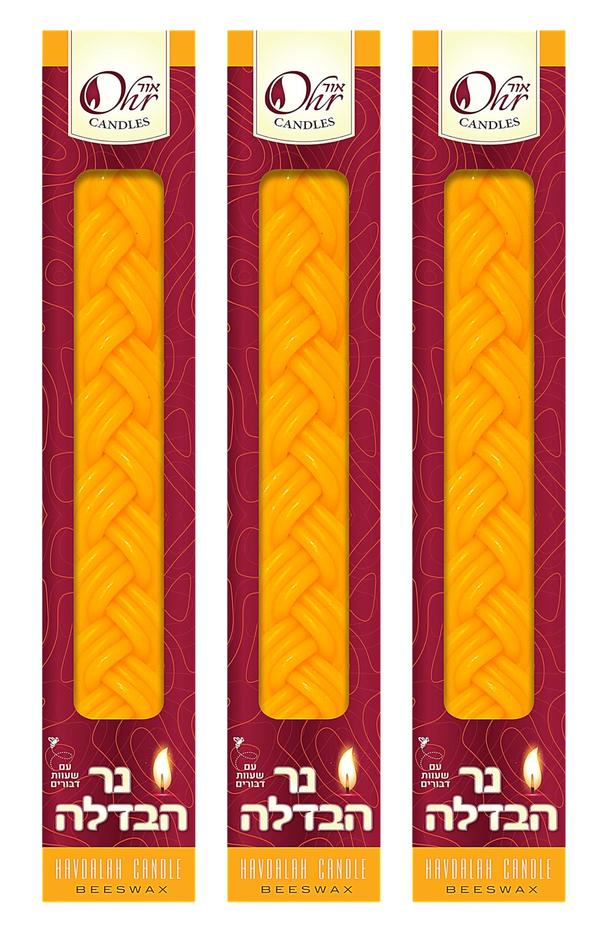 Ohr Candles Braided Beeswax Havdalah Set, 12 Inch Tall, 3 Pack