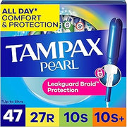 Tampax Pearl Tampons for Women Multipack, with LeakGuard Braid, Regular/Super/Super Plus Absorbency, Unscented, 47 Count