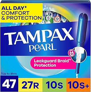 Tampax Pearl Tampons for Women Multipack, with LeakGuard Braid, Regular/Super/Super Plus Absorbency, Unscented, 47 Count