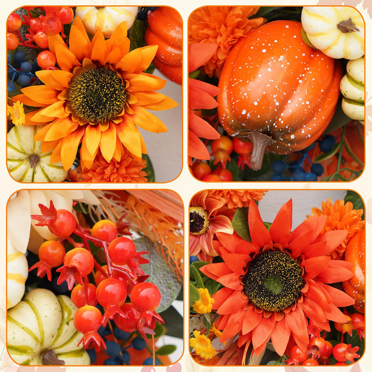 Plmiera Autumn Wreath, 24 Inch Diameter, Sunflowers and Pumpkins